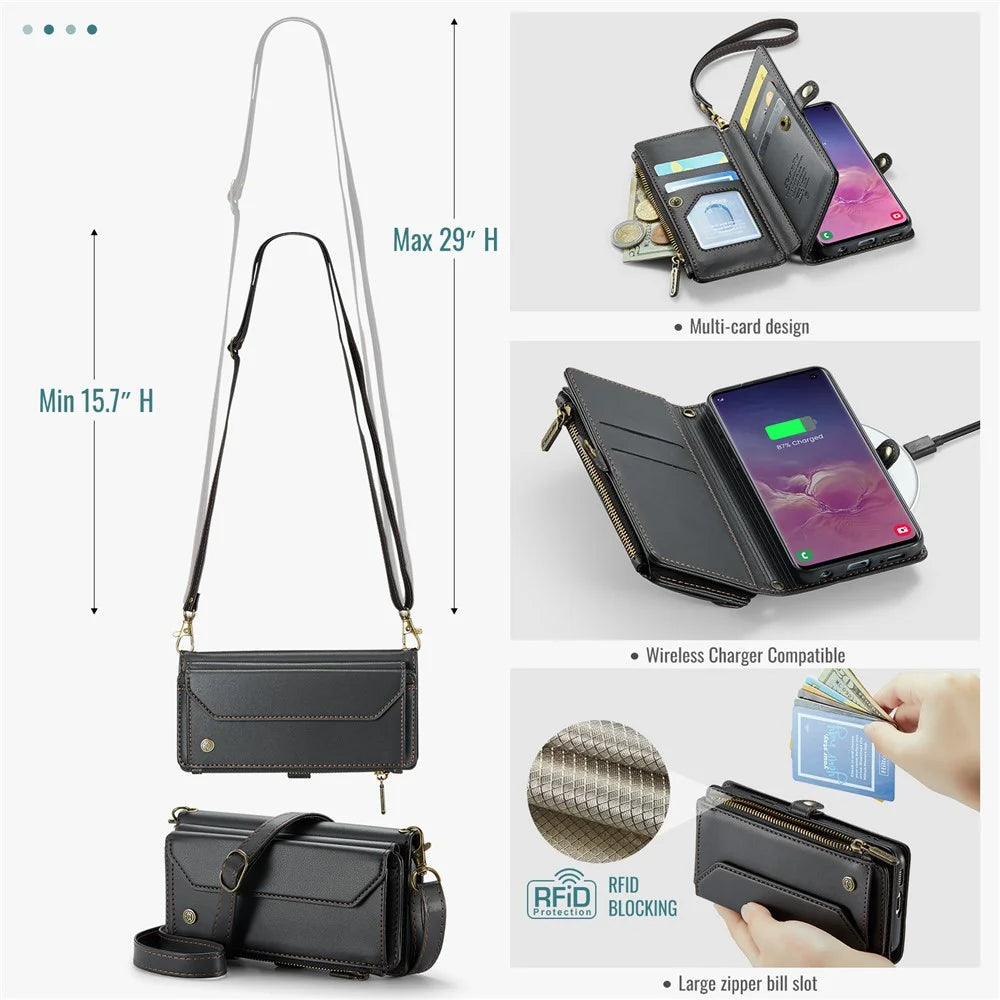 For Samsung Galaxy S10 5G Leather Case CASEME C36 Zipper Multiple Card Slots Phone Cover with Straps - Black - 6