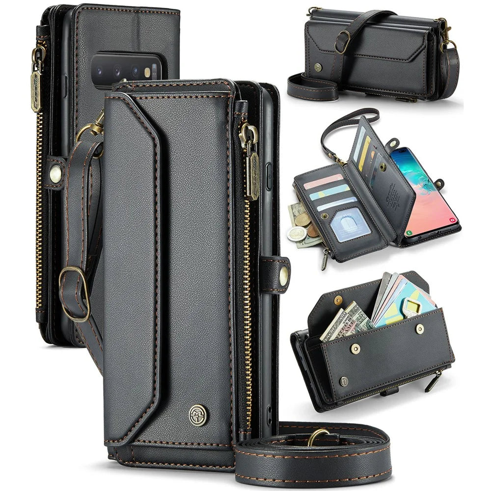For Samsung Galaxy S10 Plus Leather Case CASEME C36 Zipper Multiple Card Slots Phone Cover with Straps - Black - 1