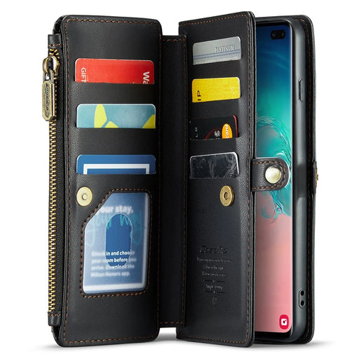 For Samsung Galaxy S10 Plus Leather Case CASEME C36 Zipper Multiple Card Slots Phone Cover with Straps - Black - 2