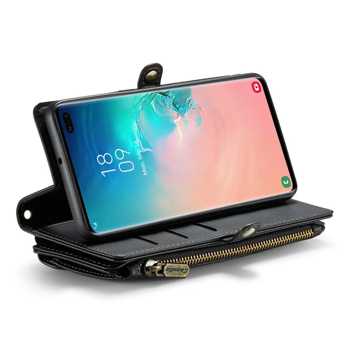 For Samsung Galaxy S10 Plus Leather Case CASEME C36 Zipper Multiple Card Slots Phone Cover with Straps - Black - 3