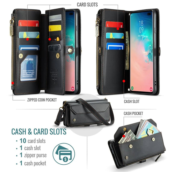 For Samsung Galaxy S10 Plus Leather Case CASEME C36 Zipper Multiple Card Slots Phone Cover with Straps - Black - 4