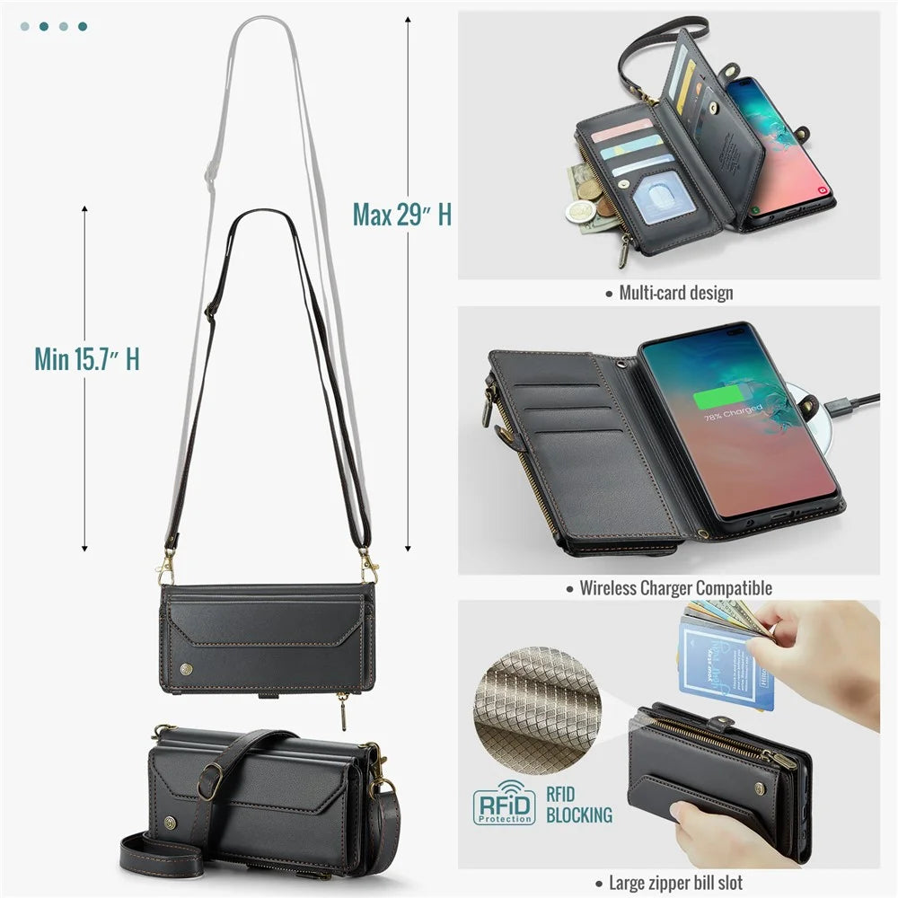For Samsung Galaxy S10 Plus Leather Case CASEME C36 Zipper Multiple Card Slots Phone Cover with Straps - Black - 6