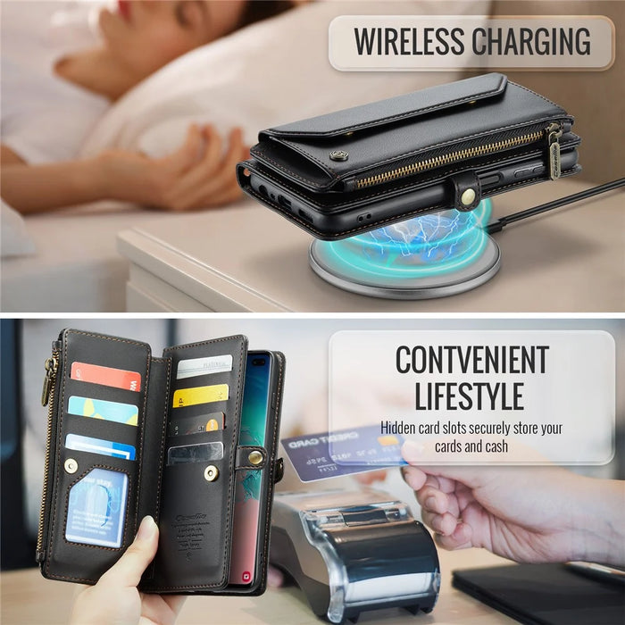For Samsung Galaxy S10 Plus Leather Case CASEME C36 Zipper Multiple Card Slots Phone Cover with Straps - Black - 7