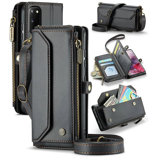 For Samsung Galaxy S20 4G / S20 5G Leather Case CASEME C36 Zipper Multiple Card Slots Phone Cover with Straps - Black - 1