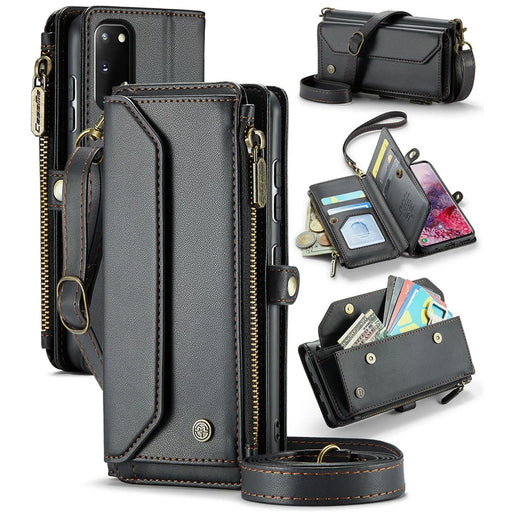For Samsung Galaxy S20 4G / S20 5G Leather Case CASEME C36 Zipper Multiple Card Slots Phone Cover with Straps - Black - 1