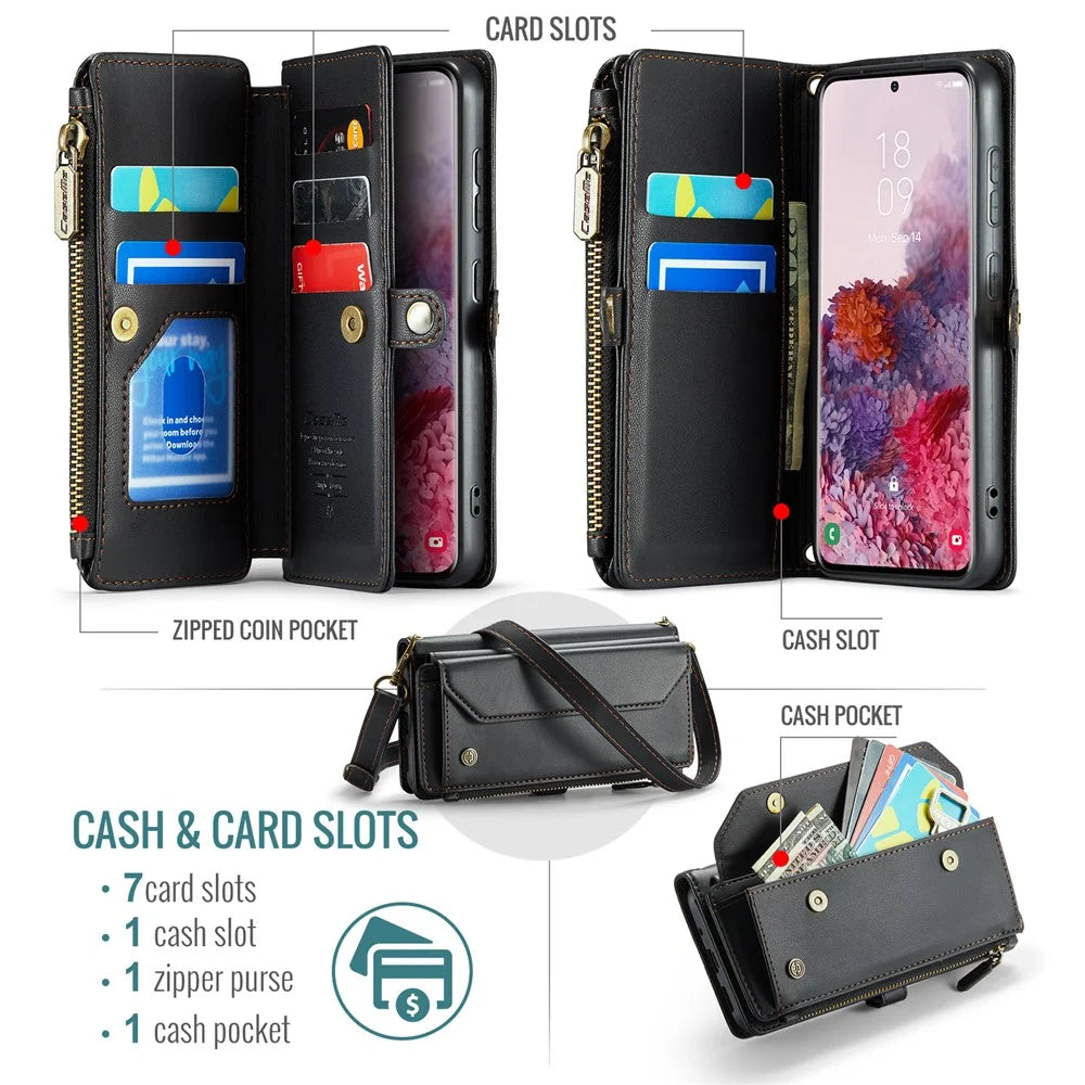 For Samsung Galaxy S20 4G / S20 5G Leather Case CASEME C36 Zipper Multiple Card Slots Phone Cover with Straps - Black - 4