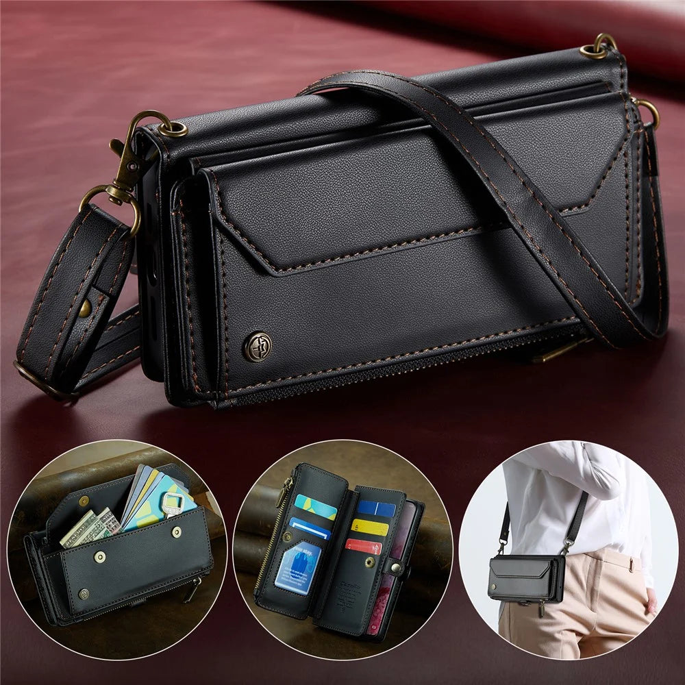 For Samsung Galaxy S20 4G / S20 5G Leather Case CASEME C36 Zipper Multiple Card Slots Phone Cover with Straps - Black - 5