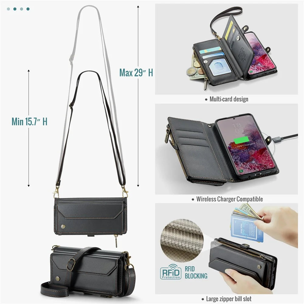 For Samsung Galaxy S20 4G / S20 5G Leather Case CASEME C36 Zipper Multiple Card Slots Phone Cover with Straps - Black - 6