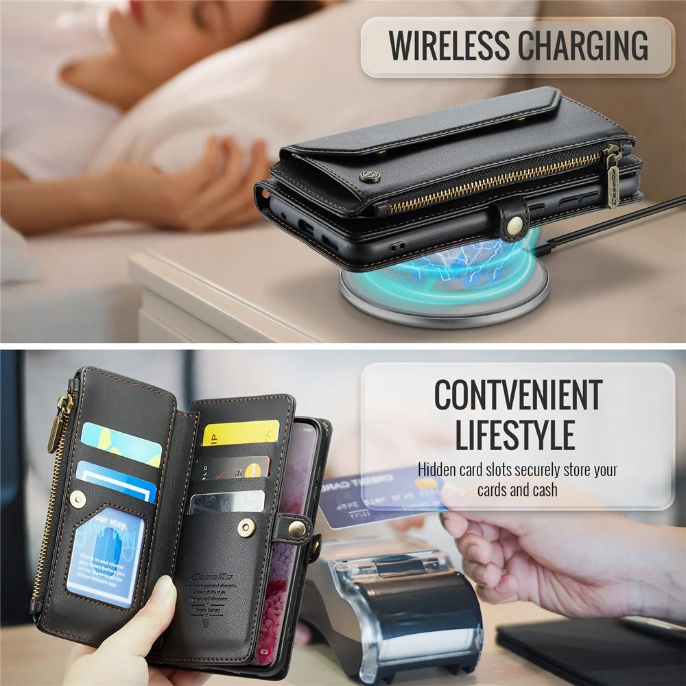 For Samsung Galaxy S20 4G / S20 5G Leather Case CASEME C36 Zipper Multiple Card Slots Phone Cover with Straps - Black - 7