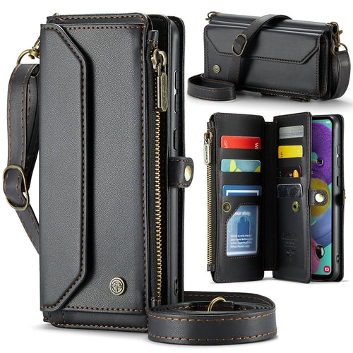For Samsung Galaxy A51 4G SM-A515 Leather Case CASEME C36 Zipper Multiple Card Slots Phone Cover with Straps - Black - 1