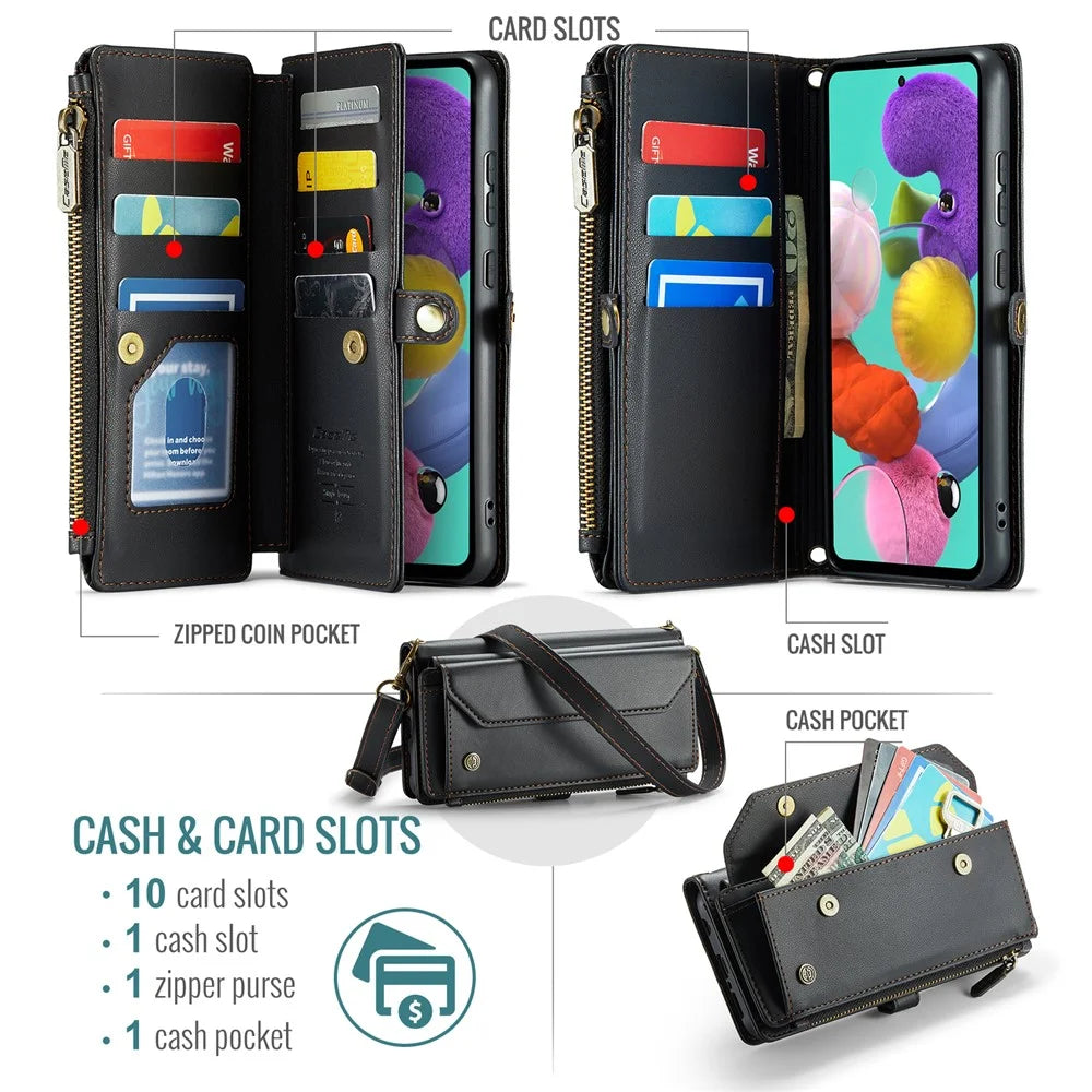 For Samsung Galaxy A51 4G SM-A515 Leather Case CASEME C36 Zipper Multiple Card Slots Phone Cover with Straps - Black - 4