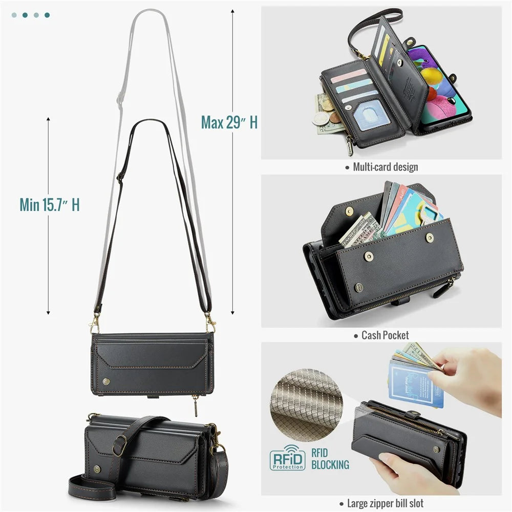 For Samsung Galaxy A51 4G SM-A515 Leather Case CASEME C36 Zipper Multiple Card Slots Phone Cover with Straps - Black - 6