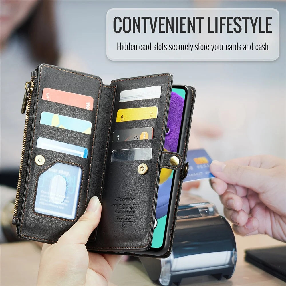 For Samsung Galaxy A51 4G SM-A515 Leather Case CASEME C36 Zipper Multiple Card Slots Phone Cover with Straps - Black - 7