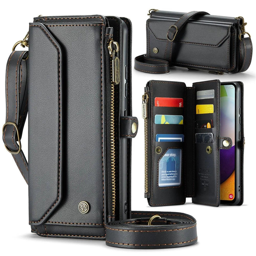 For Samsung Galaxy A52 4G / A52 5G / A52s 5G Leather Case CASEME C36 Zipper Multiple Card Slots Phone Cover with Straps - Black - 1