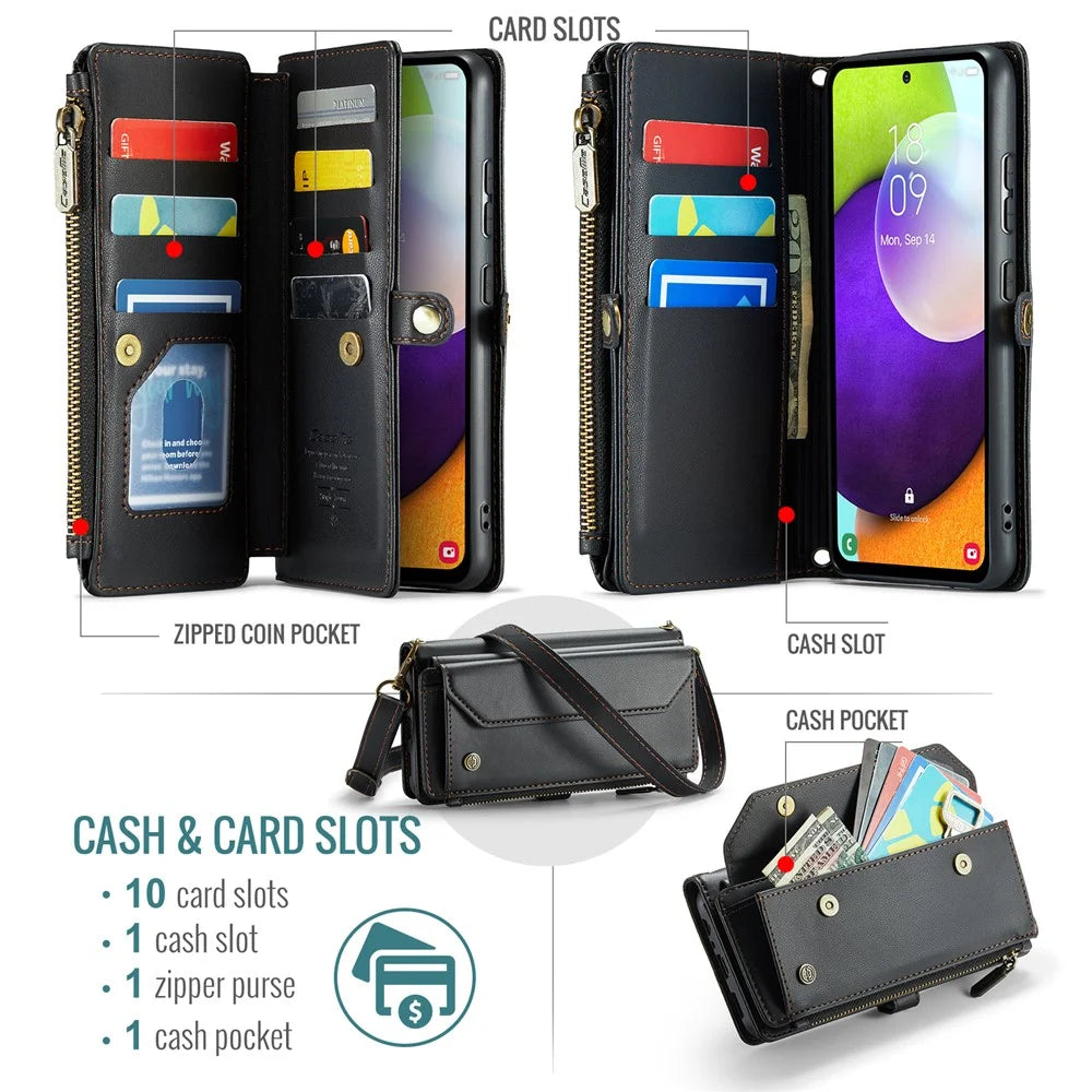 For Samsung Galaxy A52 4G / A52 5G / A52s 5G Leather Case CASEME C36 Zipper Multiple Card Slots Phone Cover with Straps - Black - 4