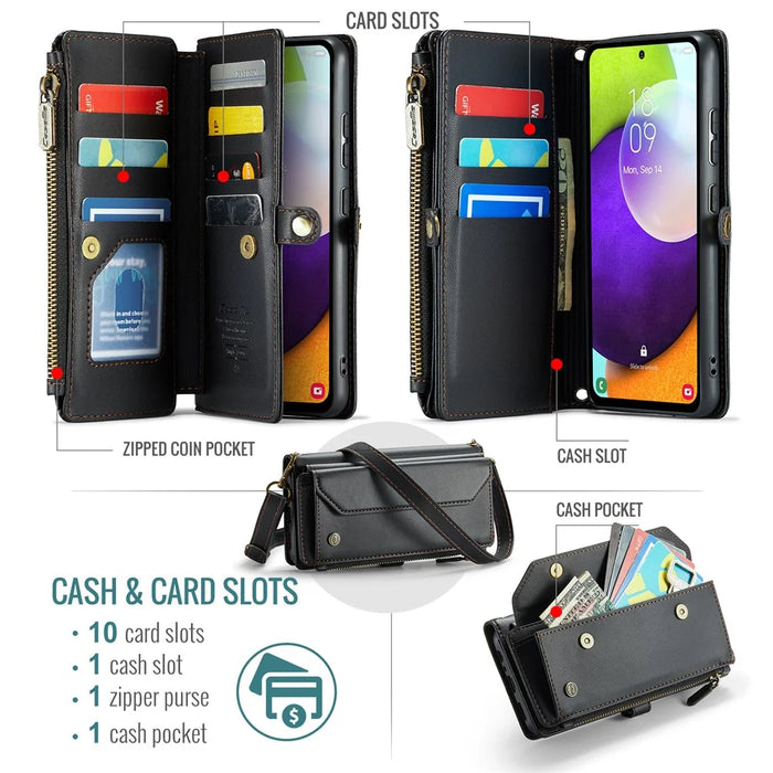 For Samsung Galaxy A52 4G / A52 5G / A52s 5G Leather Case CASEME C36 Zipper Multiple Card Slots Phone Cover with Straps - Black - 4