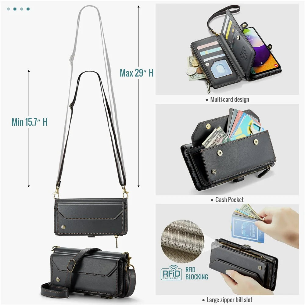 For Samsung Galaxy A52 4G / A52 5G / A52s 5G Leather Case CASEME C36 Zipper Multiple Card Slots Phone Cover with Straps - Black - 6