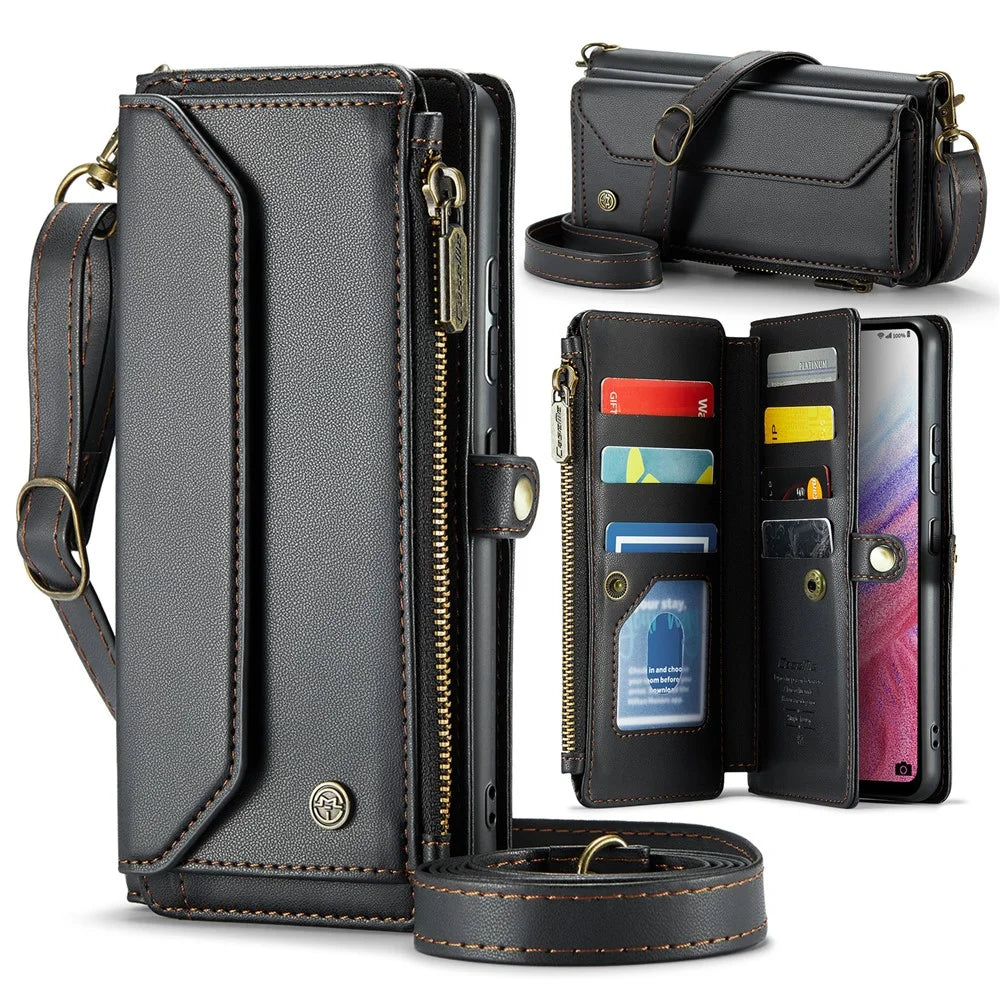 For Samsung Galaxy A53 5G Leather Case CASEME C36 Zipper Multiple Card Slots Phone Cover with Straps - Black - 1