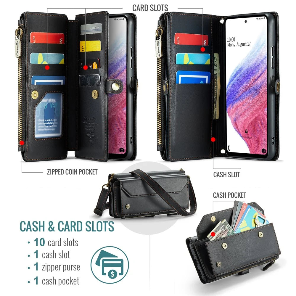 For Samsung Galaxy A53 5G Leather Case CASEME C36 Zipper Multiple Card Slots Phone Cover with Straps - Black - 4