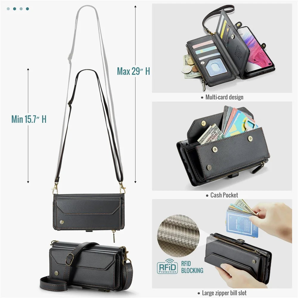 For Samsung Galaxy A53 5G Leather Case CASEME C36 Zipper Multiple Card Slots Phone Cover with Straps - Black - 6