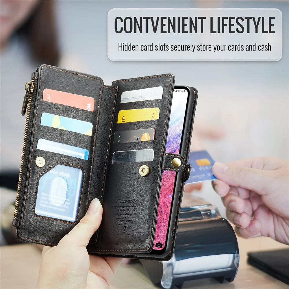 For Samsung Galaxy A53 5G Leather Case CASEME C36 Zipper Multiple Card Slots Phone Cover with Straps - Black - 7
