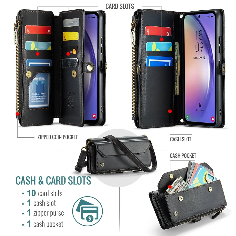 For Samsung Galaxy A54 5G Leather Case CASEME C36 Zipper Multiple Card Slots Phone Cover with Straps - Black - 4