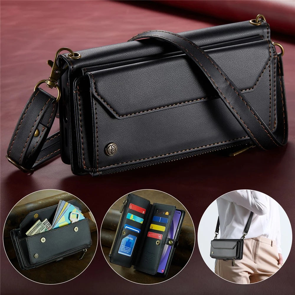 For Samsung Galaxy A54 5G Leather Case CASEME C36 Zipper Multiple Card Slots Phone Cover with Straps - Black - 5