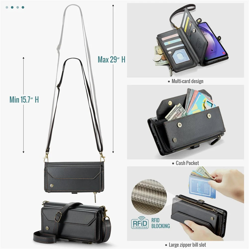 For Samsung Galaxy A54 5G Leather Case CASEME C36 Zipper Multiple Card Slots Phone Cover with Straps - Black - 6