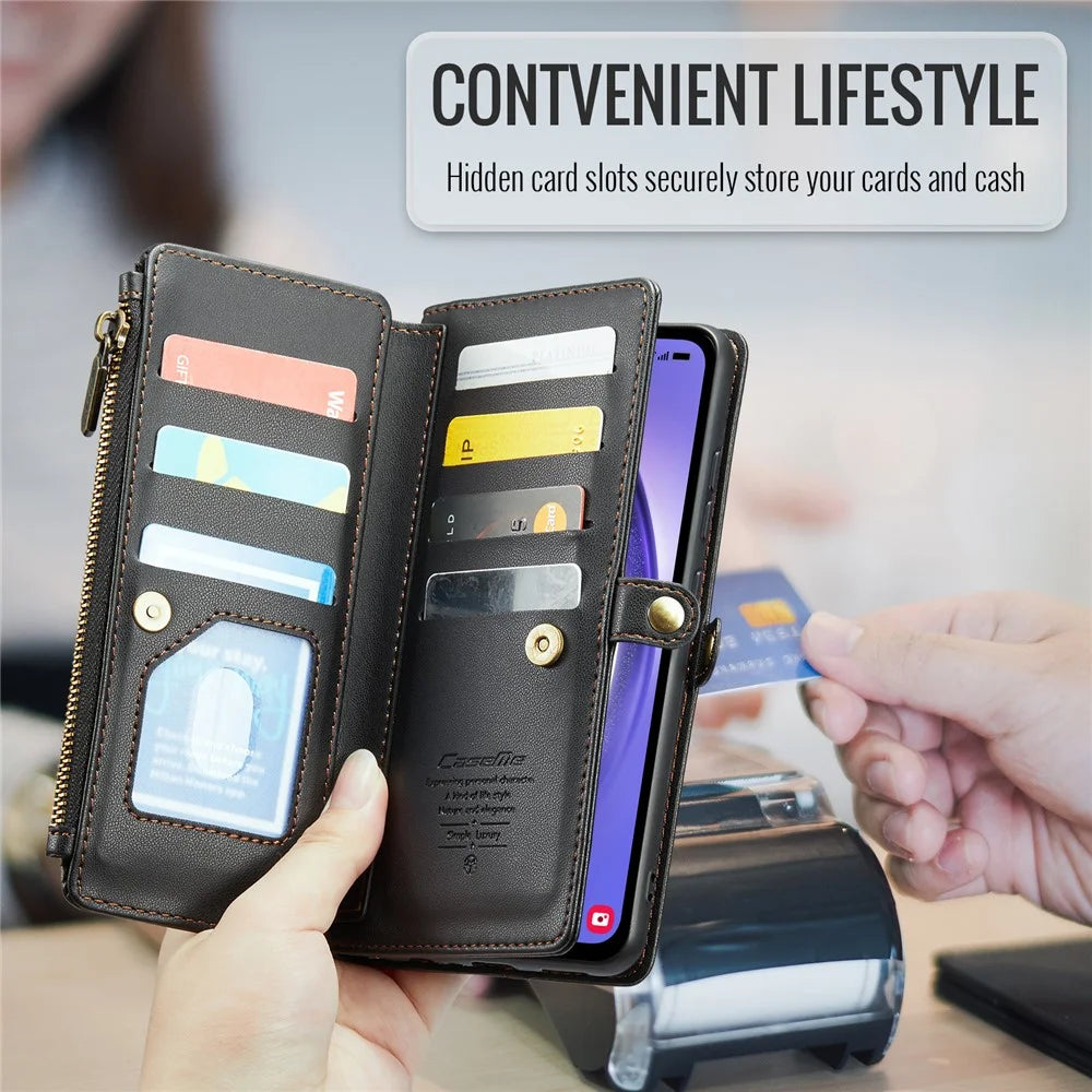 For Samsung Galaxy A54 5G Leather Case CASEME C36 Zipper Multiple Card Slots Phone Cover with Straps - Black - 7