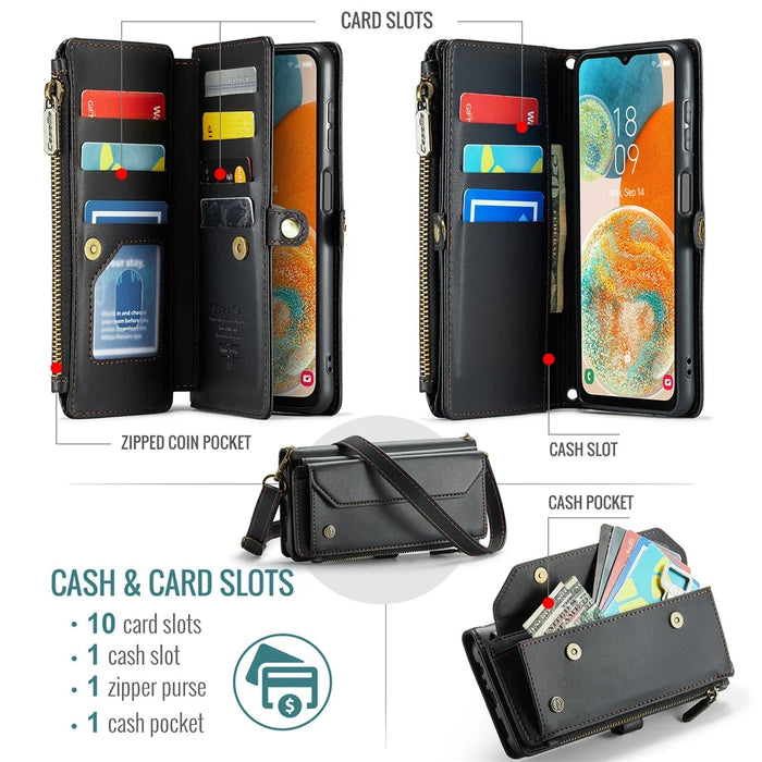 For Samsung Galaxy A23 4G / A23 5G (Global) Leather Case CASEME C36 Zipper Multiple Card Slots Phone Cover with Straps - Black - 4