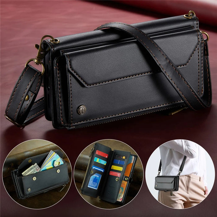For Samsung Galaxy A23 4G / A23 5G (Global) Leather Case CASEME C36 Zipper Multiple Card Slots Phone Cover with Straps - Black - 5