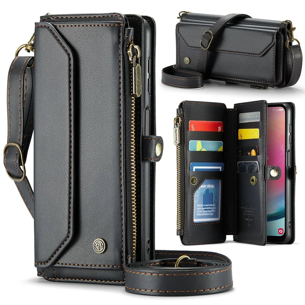 For Samsung Galaxy A24 4G (162.1mm) Leather Case CASEME C36 Zipper Multiple Card Slots Phone Cover with Straps - Black - 1