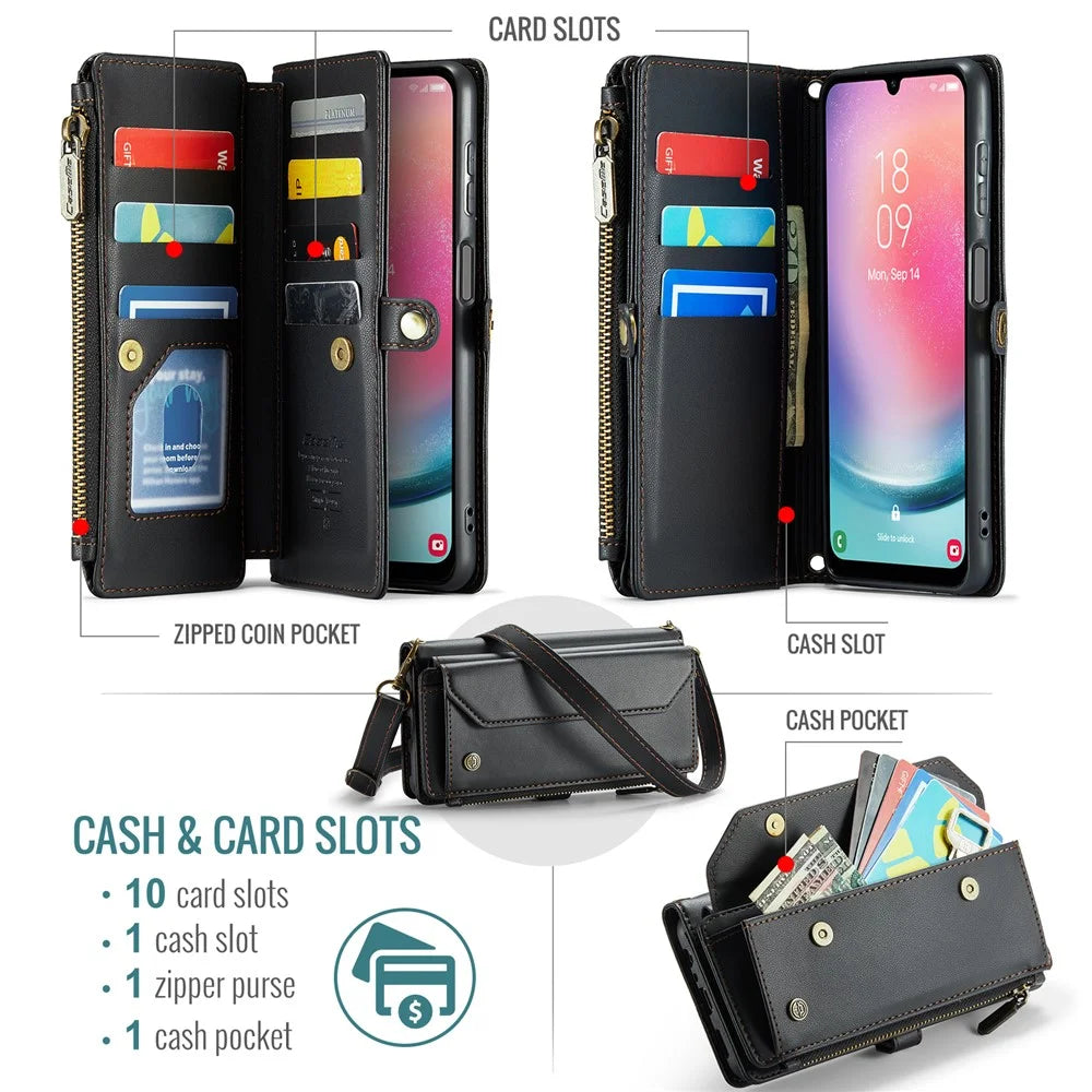 For Samsung Galaxy A24 4G (162.1mm) Leather Case CASEME C36 Zipper Multiple Card Slots Phone Cover with Straps - Black - 4