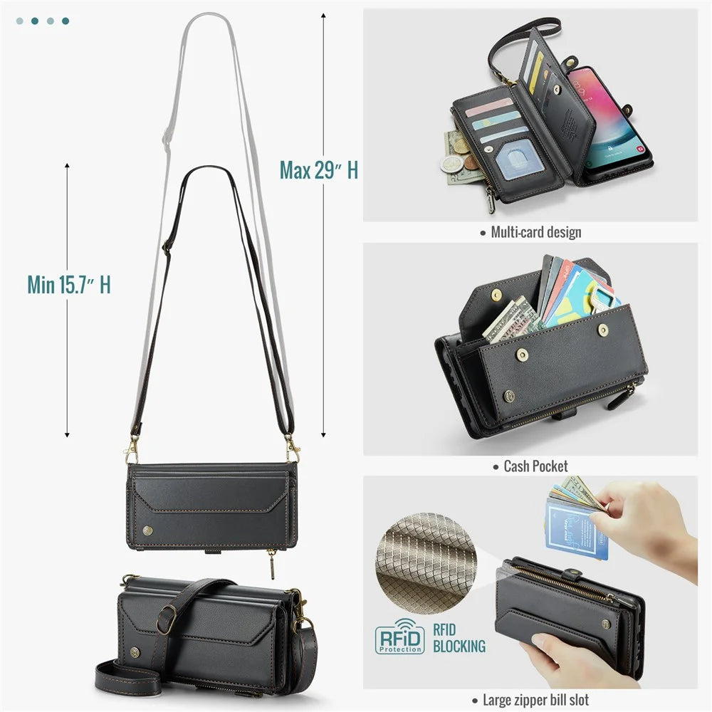 For Samsung Galaxy A24 4G (162.1mm) Leather Case CASEME C36 Zipper Multiple Card Slots Phone Cover with Straps - Black - 6