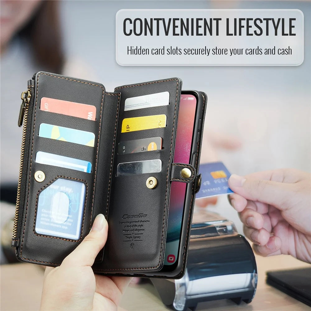 For Samsung Galaxy A24 4G (162.1mm) Leather Case CASEME C36 Zipper Multiple Card Slots Phone Cover with Straps - Black - 7