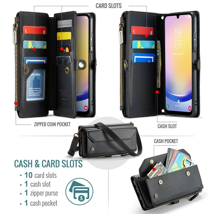 For Samsung Galaxy A25 5G (Global) (161mm) Leather Case CASEME C36 Zipper Multiple Card Slots Phone Cover with Straps - Black - 4