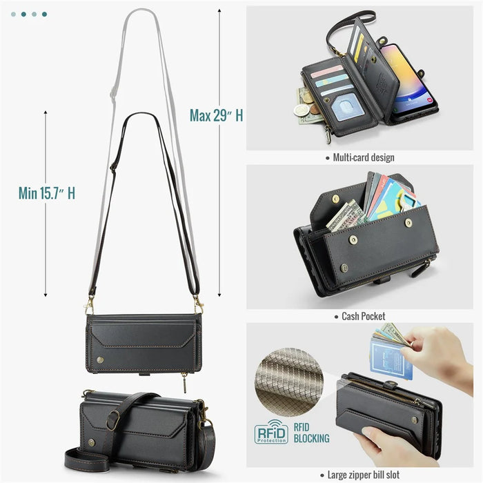 For Samsung Galaxy A25 5G (Global) (161mm) Leather Case CASEME C36 Zipper Multiple Card Slots Phone Cover with Straps - Black - 6