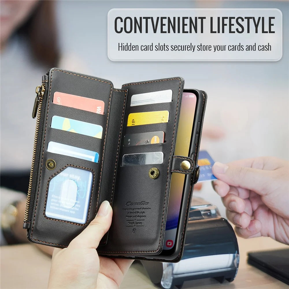 For Samsung Galaxy A25 5G (Global) (161mm) Leather Case CASEME C36 Zipper Multiple Card Slots Phone Cover with Straps - Black - 7