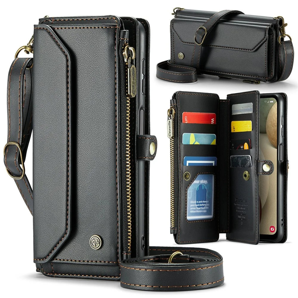 For Samsung Galaxy A12 Leather Case CASEME C36 Zipper Multiple Card Slots Phone Cover with Straps - Black - 1