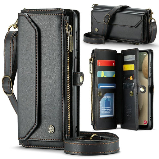 For Samsung Galaxy A12 Leather Case CASEME C36 Zipper Multiple Card Slots Phone Cover with Straps - Black - 1