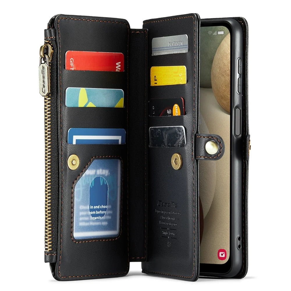 For Samsung Galaxy A12 Leather Case CASEME C36 Zipper Multiple Card Slots Phone Cover with Straps - Black - 2