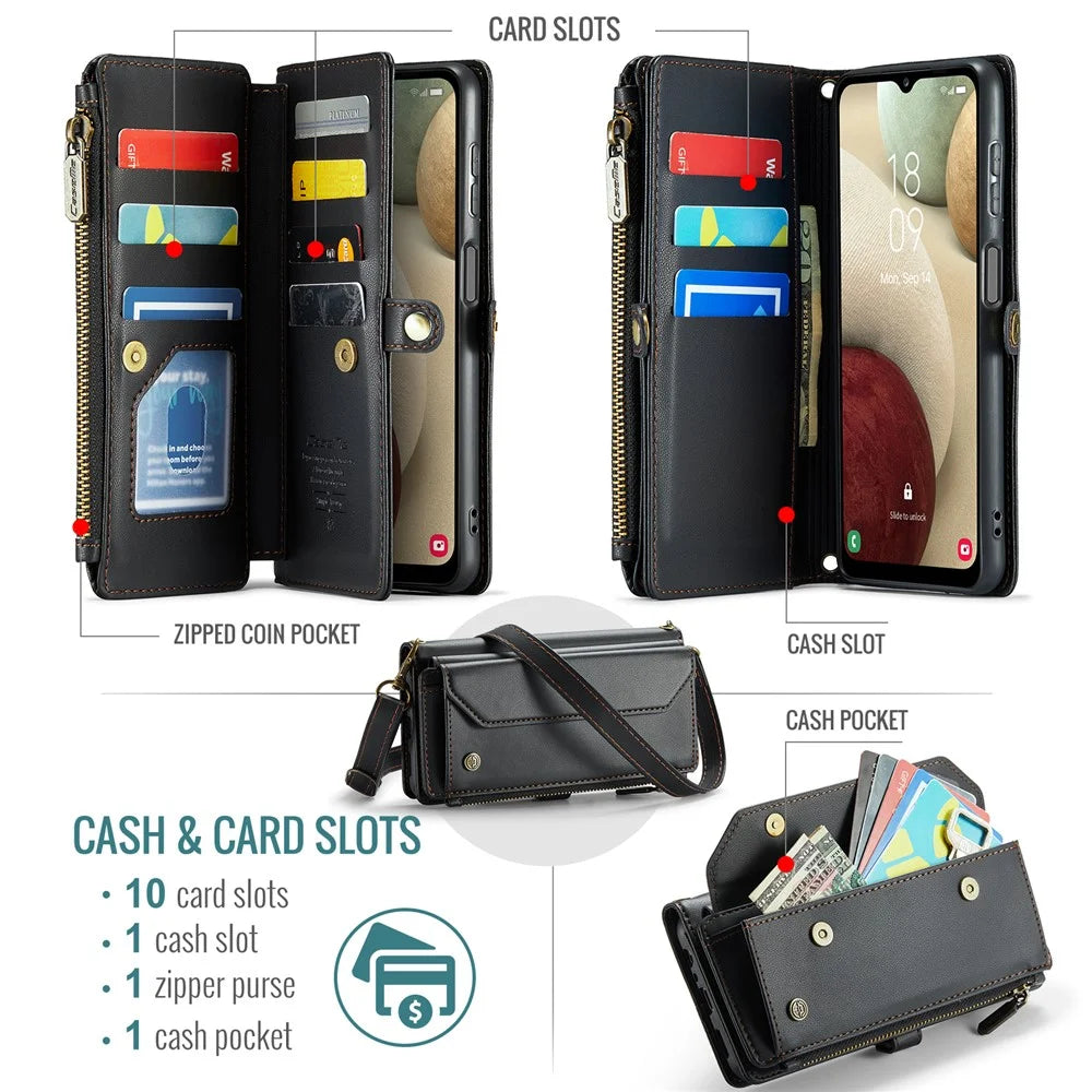 For Samsung Galaxy A12 Leather Case CASEME C36 Zipper Multiple Card Slots Phone Cover with Straps - Black - 4