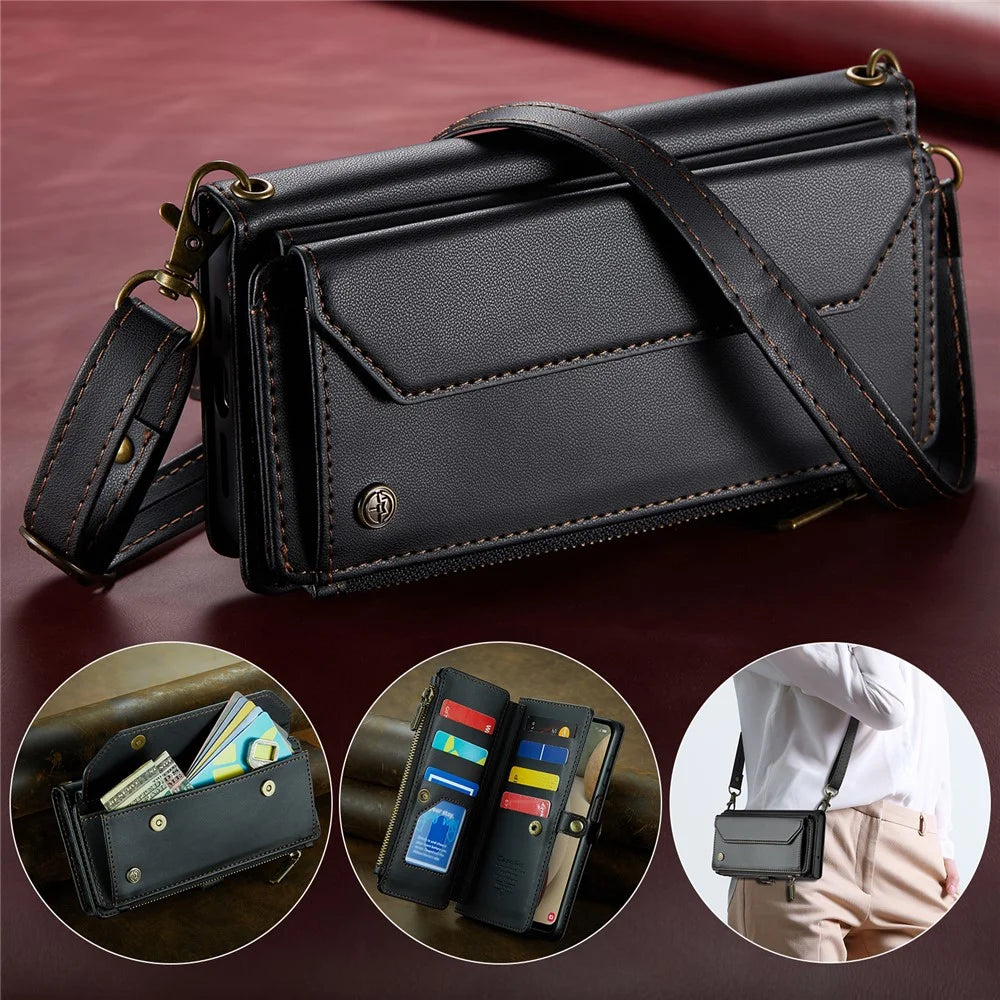 For Samsung Galaxy A12 Leather Case CASEME C36 Zipper Multiple Card Slots Phone Cover with Straps - Black - 5