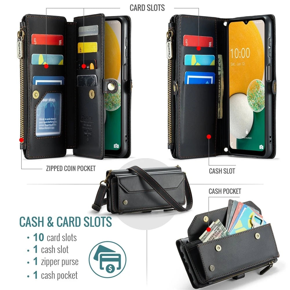 For Samsung Galaxy A13 5G Leather Case CASEME C36 Zipper Multiple Card Slots Phone Cover with Straps - Black - 4