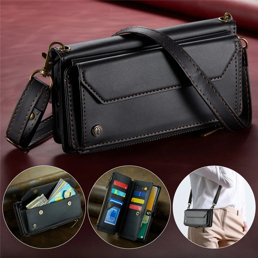 For Samsung Galaxy A13 5G Leather Case CASEME C36 Zipper Multiple Card Slots Phone Cover with Straps - Black - 5