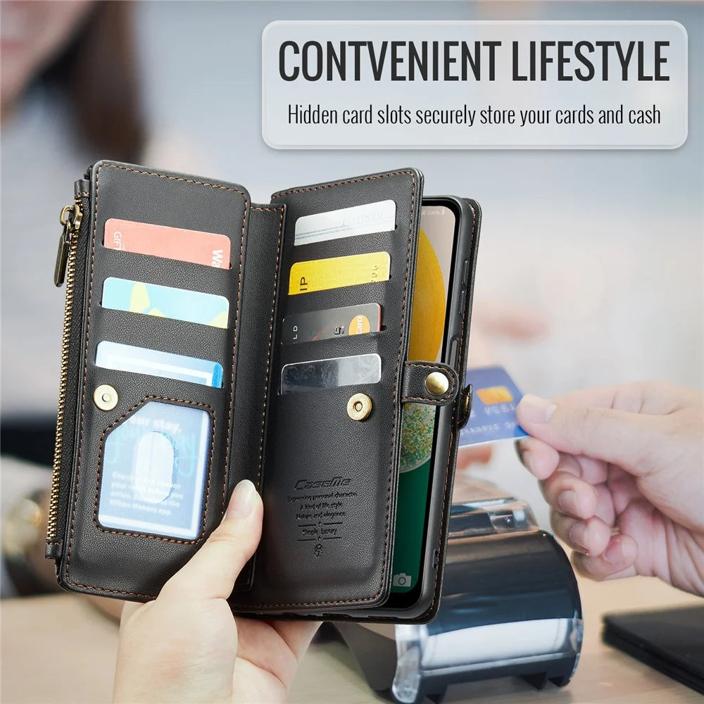 For Samsung Galaxy A13 5G Leather Case CASEME C36 Zipper Multiple Card Slots Phone Cover with Straps - Black - 7