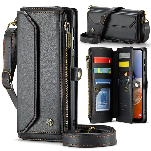 For Samsung Galaxy A14 4G / 5G Leather Case CASEME C36 Zipper Multiple Card Slots Phone Cover with Straps - Black - 1