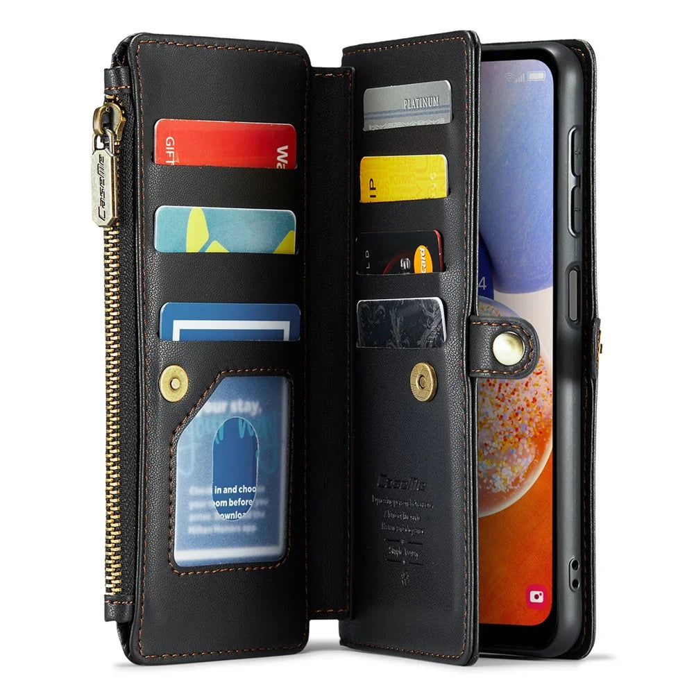 For Samsung Galaxy A14 4G / 5G Leather Case CASEME C36 Zipper Multiple Card Slots Phone Cover with Straps - Black - 2