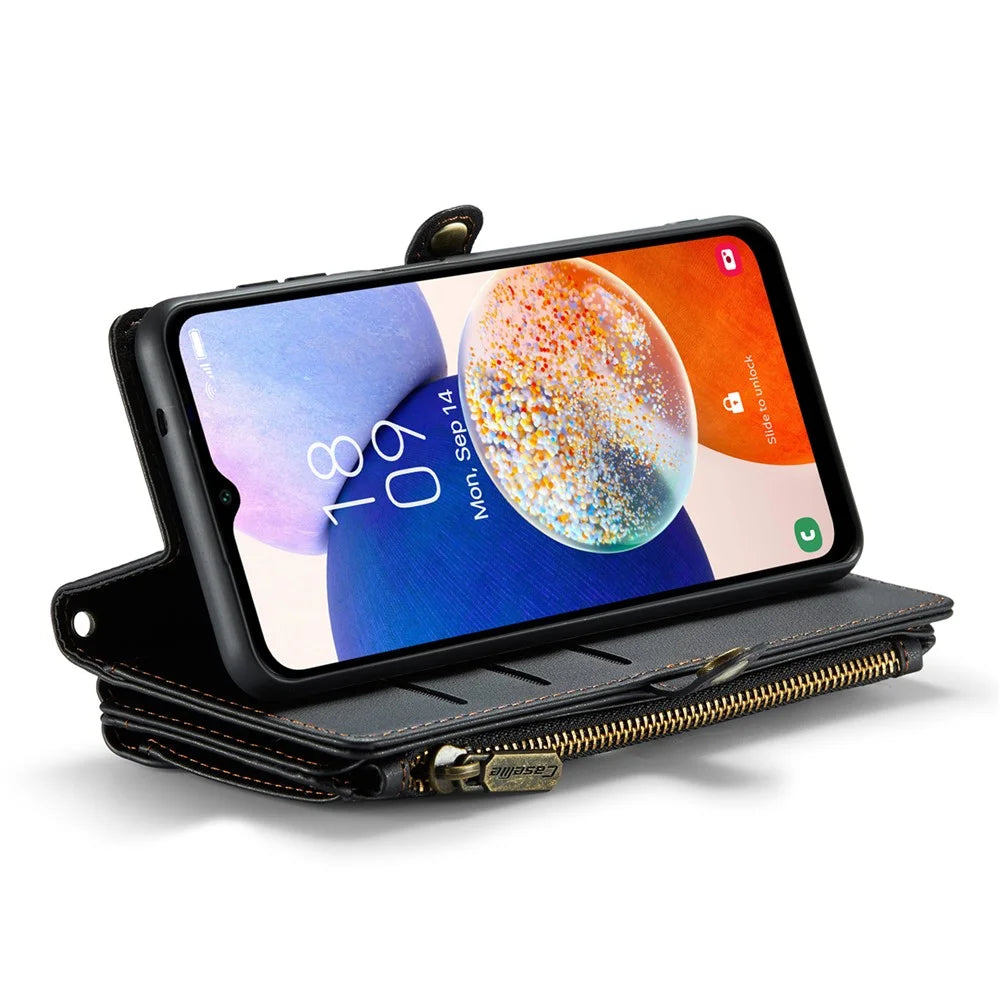 For Samsung Galaxy A14 4G / 5G Leather Case CASEME C36 Zipper Multiple Card Slots Phone Cover with Straps - Black - 3