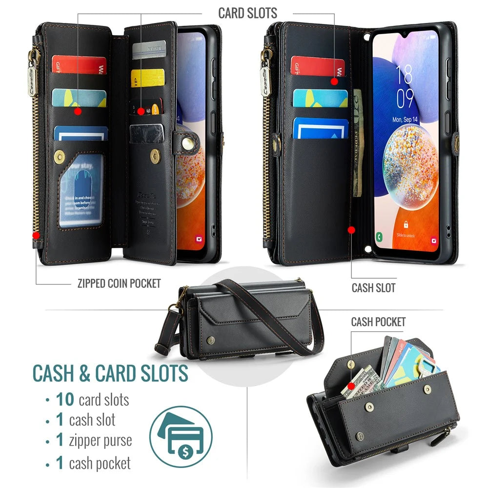 For Samsung Galaxy A14 4G / 5G Leather Case CASEME C36 Zipper Multiple Card Slots Phone Cover with Straps - Black - 4
